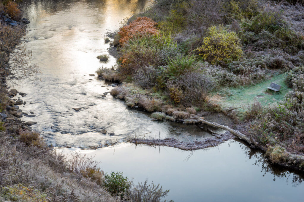 frosty river from above at sunrise