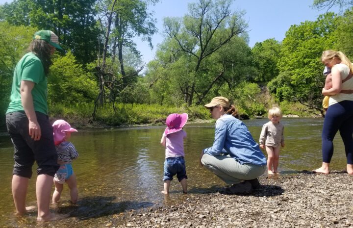 families with young children play in the river