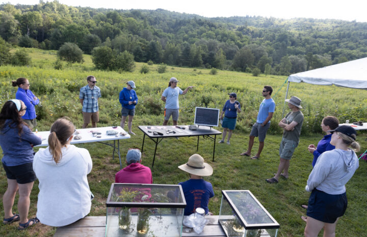 a group of teachers in a circle outside with tables of nature items