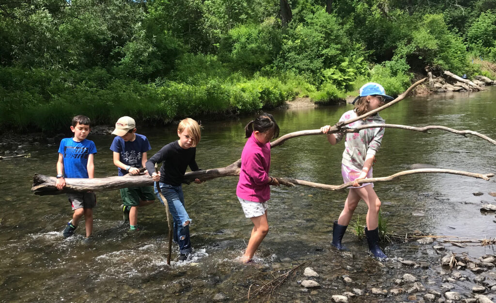 afterschool kids carrying branch across river